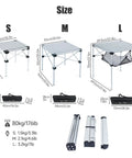 Sizes of Ultra Lightweight Stable Folding Aluminum Table With Roll Up Top And Carry Bag For Camping Picnics Beach Chill Backyard Barbecues Tailgating And RV Trips Anywhere listed as S, M, L.