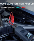Go-To Portable Jump Starter With Built In Air Compressor And Tire Inflator For Emergencies connected to car battery