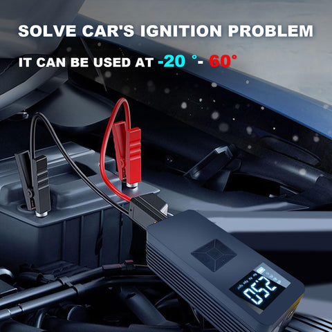 Go-To Portable Jump Starter With Built In Air Compressor And Tire Inflator For Emergencies connected to car battery