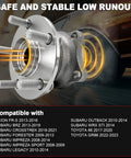 Rear Wheel Bearing Hub Assembly Fits BRZ FRS 86 GR86 And Five Lug Subaru Toyota Scion Models 2013 2014 2016 For Crosstrek Forester Impreza Legacy Outback No Fuss Install And Long Lasting Durability, showing side view with 4-bolt pattern and vehicle compatibility chart.