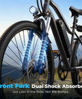 Front view of Powerful 750W Electric Bike For Adults, City Cruiser With 20 MPH Top Speed, showcasing dual front shocks.
