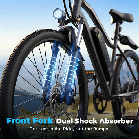 Front view of Powerful 750W Electric Bike For Adults, City Cruiser With 20 MPH Top Speed, showcasing dual front shocks.
