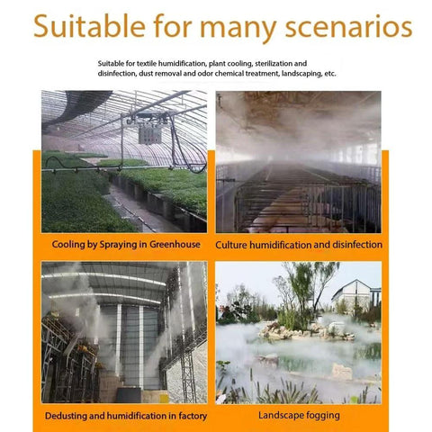 Cleaning nozzle, high-pressure, ultra-fine spray; used for greenhouse cooling and landscape fogging.