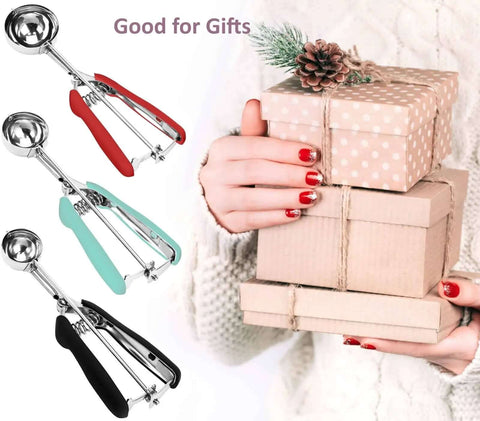 Gift-wrapped Go To 2 Tbsp Cookie Scoop Ice Cream Scooper With Trigger Release 18 8 Stainless Steel in red, teal, and black handles.