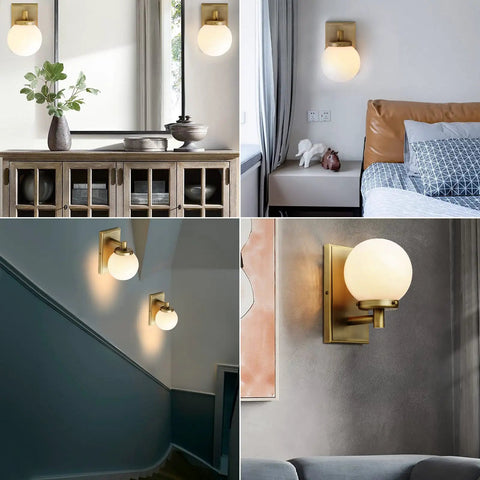 Retro Globe Glass Wall Sconce With White Globe Shade Hardwired Industrial Vanity Light for bathroom, hallway, or kitchen.