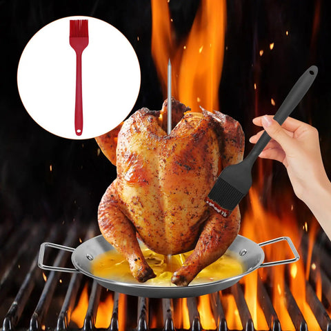 Grilled chicken on Stainless Steel Vertical Skewer Set For Grill With 3 Removable Spikes 8 10 12 Inches And Cleaning Brushes Brazilian Style