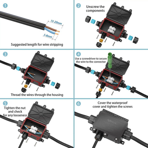 IP68 Outdoor Waterproof Junction Box With M20 Connector For 5 To 13 Millimeter Cables 2 Way Underground Splice Light Box Includes 4 Way Terminal Block Seals And Screws 450V 20A Rating Built For Easy Install, open with wiring steps
