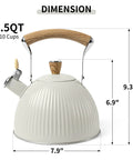 Stovetop Tea Kettle 2.5 Quart Whistling Kettle With Stainless Steel Body Creamy White Finish Wood Pattern Folding Handle Easy Pour Spout Loud Whistle For Boiling Water Go-To Kitchen Must-Have, dimensions labeled with wooden handle