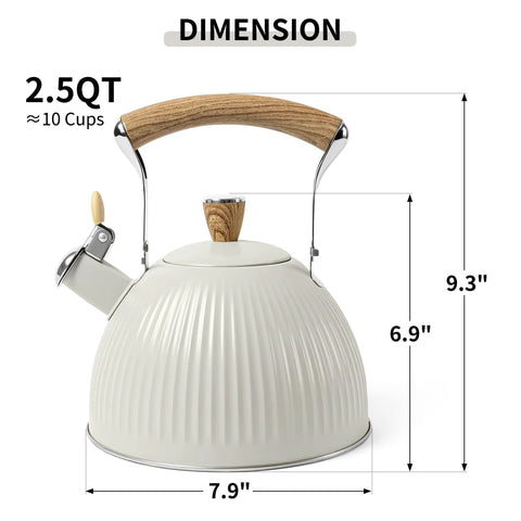 Stovetop Tea Kettle 2.5 Quart Whistling Kettle With Stainless Steel Body Creamy White Finish Wood Pattern Folding Handle Easy Pour Spout Loud Whistle For Boiling Water Go-To Kitchen Must-Have, dimensions labeled with wooden handle