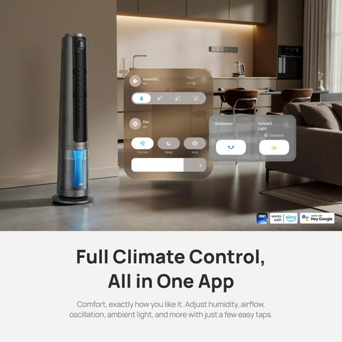 TurboCool Misting Fan 765S in living room with app controls displayed, grey cooling tower, full climate control feature