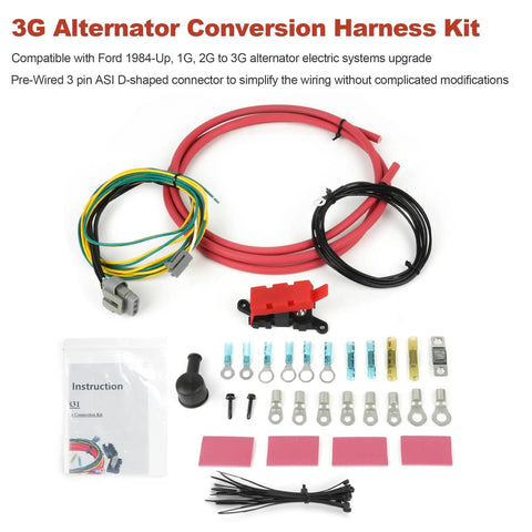 3G Alternator Conversion Harness Kit with heavy gauge wiring, prewired 3-pin ASI D-shaped connector, instructional manual for Ford F Series 1984 upgrade.