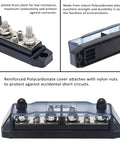Heavy Duty Power Distribution Block Bus Bar With Four Positive And Four Negative Terminals Plus Insulated Ring Ends, nickel brass and polycarbonate material.
