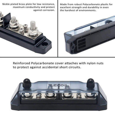 Heavy Duty Power Distribution Block Bus Bar With Four Positive And Four Negative Terminals Plus Insulated Ring Ends, nickel brass and polycarbonate material.