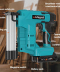 Cordless Brad Nailer And Staple Gun Combo leveraging 21V Battery showing controls and battery pack for woodworking projects.