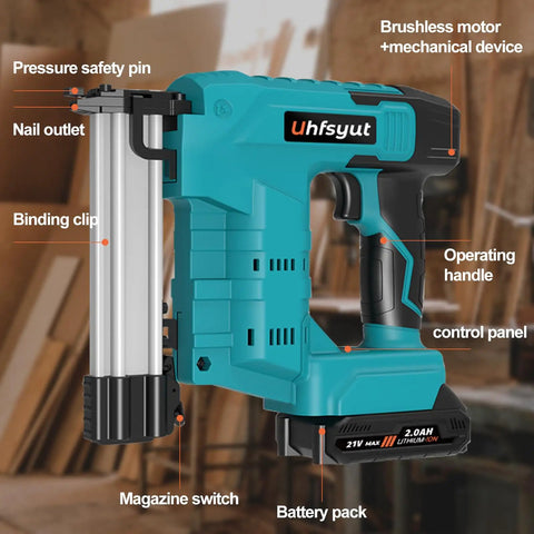 Cordless Brad Nailer And Staple Gun Combo leveraging 21V Battery showing controls and battery pack for woodworking projects.