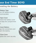 Installation guide for Three Quarter Inch Hose End Battery Operated Programmable Timer with battery compartment open.
