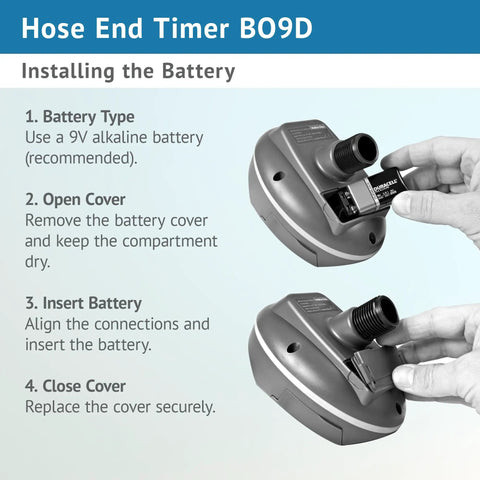 Installation guide for Three Quarter Inch Hose End Battery Operated Programmable Timer with battery compartment open.