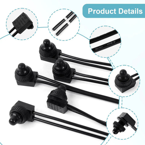 Five Pack 12V Waterproof Push Button Switches SPST With Four and a Half Inch Leads, Durable Weatherproof Micro Switches for Cars, Boats, Off Road, DIY Projects, Copper Contacts, Easy Install. Black switch set with 4.5in leads