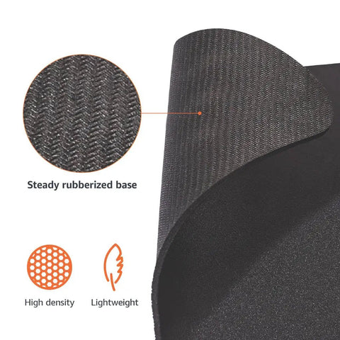 Close-up of a square mouse pad with cloth surface and rubberized base for smooth glide non slip stable and thick great for gamers and designers hand washable measures 12.4 by 10.6 inches black
