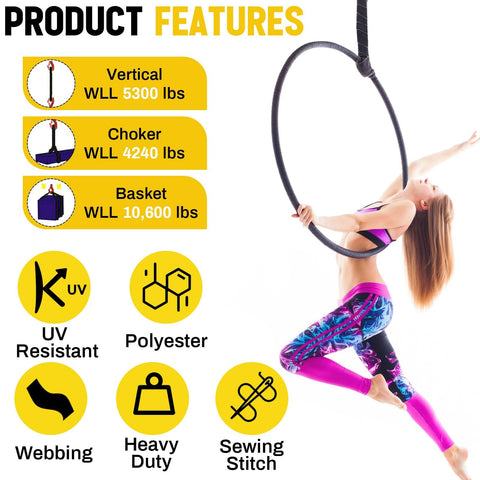Product features of 4 Pack 6.6 Ft Endless Round Polyester Lifting Straps with weight capacities and material benefits displayed