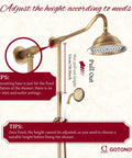 Exposed Antique Brass Shower System Set With 8 Inch Rain Shower Head, adjustable arm, and installation tips displayed.