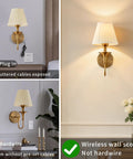 Wireless Vintage Wall Sconce Set Of Two Rechargeable Dimmable RGB Lights With Remote Antique Brass And Fabric Shade, wall sconce comparison.