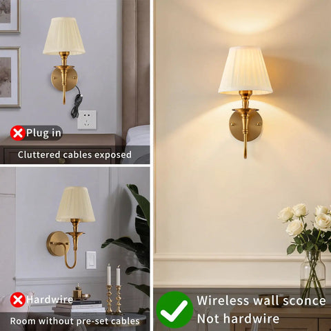 Wireless Vintage Wall Sconce Set Of Two Rechargeable Dimmable RGB Lights With Remote Antique Brass And Fabric Shade, wall sconce comparison.
