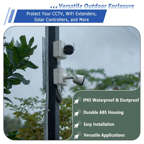 White Outdoor Junction Box IP65 Waterproof Electrical Enclosure Built Tough From Durable ABS For All Weather Rain Dust Protection 3.9 x 3.9 x 2.8 Inch Project Box Pack Of 100 mounted outdoors in rain with CCTV and cable conduit