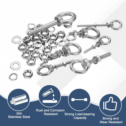 Top Shelf 304 Stainless Steel Eye Bolts M4 X 40mm threaded lifting rings with nuts, washers, and compoents for hanging hardware.