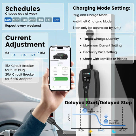 Plug In Your Ride With This Solid Level 1 And 2 Ev Charger Featuring WiFi App Control ETL Certified For All J1772 Bev And Phev 16 Amp Home Wall Mount showing app settings and charging modes.