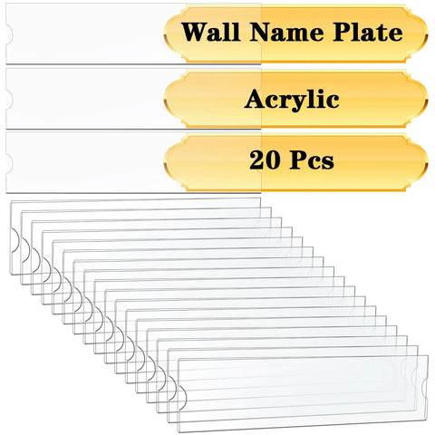 Clear 8 Inch Acrylic Name Plate Holder 2x8 Inch Wall Sign Display Pack of 20 with Sticky Tape shown in packaging.