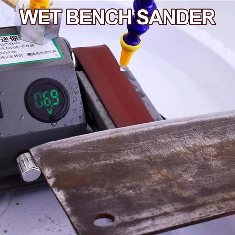 Heavy Duty Wet And Dry Bench Belt Sander With Adjustable Speed Multi-Angle Head, Includes 10 Sanding Belts for metal polishing.