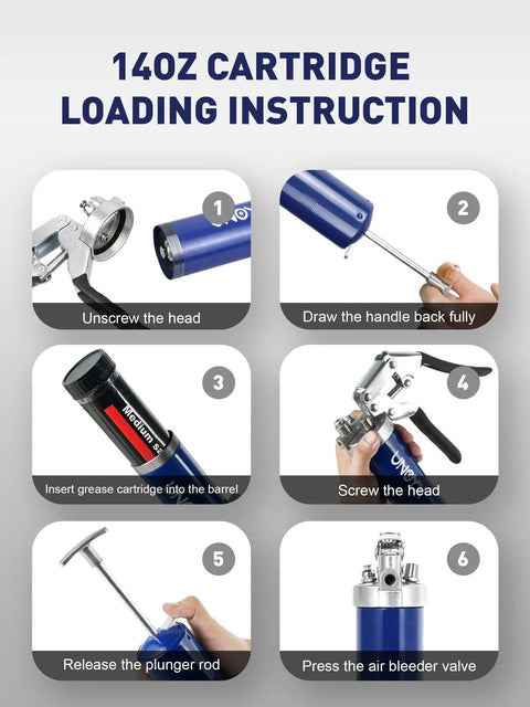 Heavy Duty Pistol Grip Grease Gun Kit 14oz Mini Grease Gun With 6000 PSI Leakproof Seal loading instructions diagram