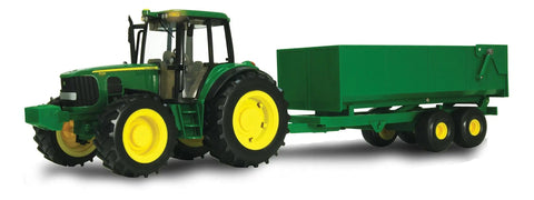 1/16 Scale Farm Tractor With Wagon Toy For Kids, Imaginative Play Ready, side view showing green tractor and wagon