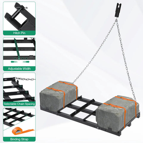 Beefy Heavy Duty 4 Ft Driveway Grader Power Rake with 4 Ft Chain showing hitch pin, adjustable width, chain spacing, and binding strap.