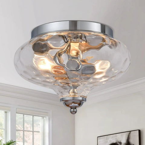 Modern Two Light Hammered Glass Flush Mount Ceiling Light In Chrome Finish, 10.2 inch, showing dramatic shadow play.
