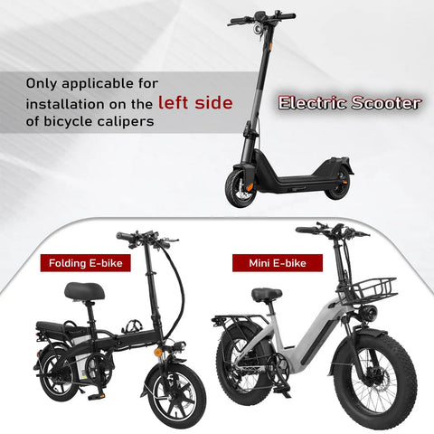 Electric and folding e-bike compatible with Four Pistons Hydraulic Disc Brake Set For Electric Bikes And Mountain Bikes With Aluminum Calipers Front Left 1150mm Rear Right 1950mm Pre Bleed Ready Beefed Up Braking For Ebikes Scooters And Rough Trail MTB Rides.