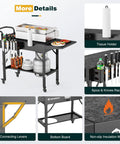 Portable Outdoor Grill Table Cart With Wheels, Heavy Duty Folding Stand with tissue holder, spice rack, and knife storage.