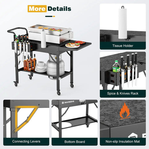 Portable Outdoor Grill Table Cart With Wheels, Heavy Duty Folding Stand with tissue holder, spice rack, and knife storage.