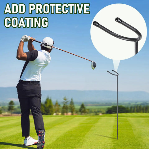 Golfer on course with U Shaped Golf Club Holder Set Two Pack That Keeps Your Clubs Clean Dry And Visible Detachable Metal Stand