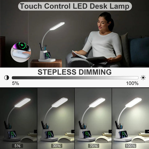 Desk Lamp With Wireless Charger For Home Office, LED Eye Caring Light With 10W Qi Pad and Stepless Dimming in use with touch control