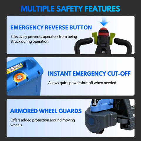 Heavy Duty 4400 Lb Capacity Electric Pallet Jack With Dual Safety System And Emergency Reverse Switch, showcasing emergency reverse button and armored wheel guards.