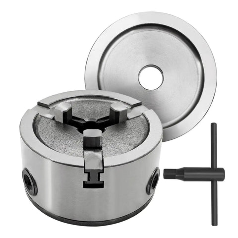 Beefy 3-Jaw Quick Chuck Adapter Set For 1 Inch Arbor Brake Lathes That Lets You Machine Hubless Drums And Rotors With Center Holes From 2 1/8 To 3 3/4 Inches, Fits Popular 1 Inch Arbor Lathes, Includes Quick Chuck For Easy Centering close-up showing chuck and backing plate
