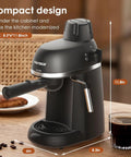 No Hassle Portable Coffee Machine With Quick Turn 800 Watt Espresso And Cappuccino Maker Featuring Built In Milk Frother For Straight Up Lattes And Smooth Daily Grinds Black, compact design dimensions on kitchen counter.