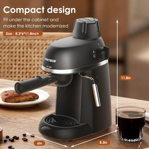 No Hassle Portable Coffee Machine With Quick Turn 800 Watt Espresso And Cappuccino Maker Featuring Built In Milk Frother For Straight Up Lattes And Smooth Daily Grinds Black, compact design dimensions on kitchen counter.