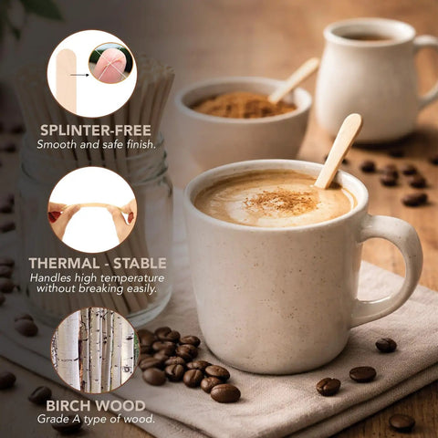Top Shelf 1000 Piece Heavy Duty Birchwood Coffee Stirrers No Fuss wooden stir stick in coffee cup with beans.