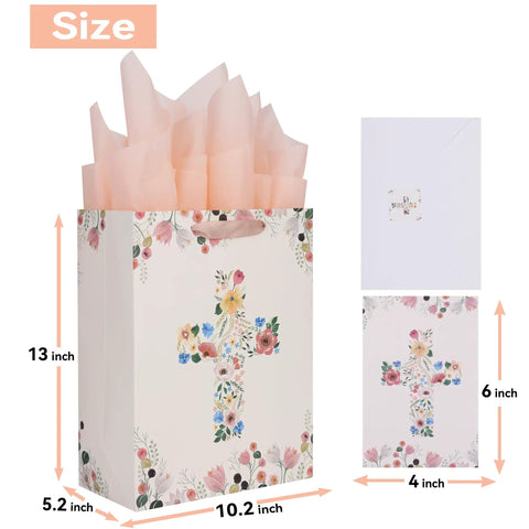 13 Inch Large Light Yellow Floral Gift Bag Set With Greeting Card And Tissue Paper For First Communions Baby Girl Baptisms Christenings And Religious Occasions One Piece with floral cross design, includes greeting card and tissue paper visible, dimensions marked.