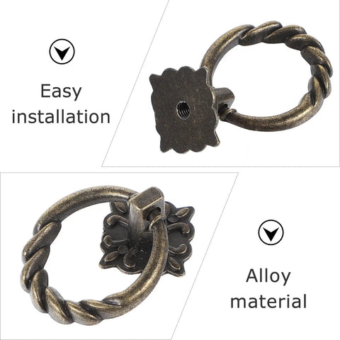 Close-up of 6pc Antique Bronze Cabinet Pull Handles Set, Vintage Cupboard Drawer Knobs showing easy installation and alloy material.