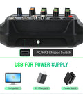 4 Channel DJ Mixer With Bluetooth Streaming featuring USB interface and PC/MP3 switch, shown with compatible power sources.