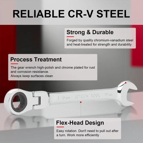 10mm Flex Head Ratcheting Wrench With 72-Tooth Cr-V Steel, 180 Degree Flexible Box End For Tight Spaces, Pro Grade Auto And DIY Repair Spanner You Can Trust displayed with CR-V steel emphasis